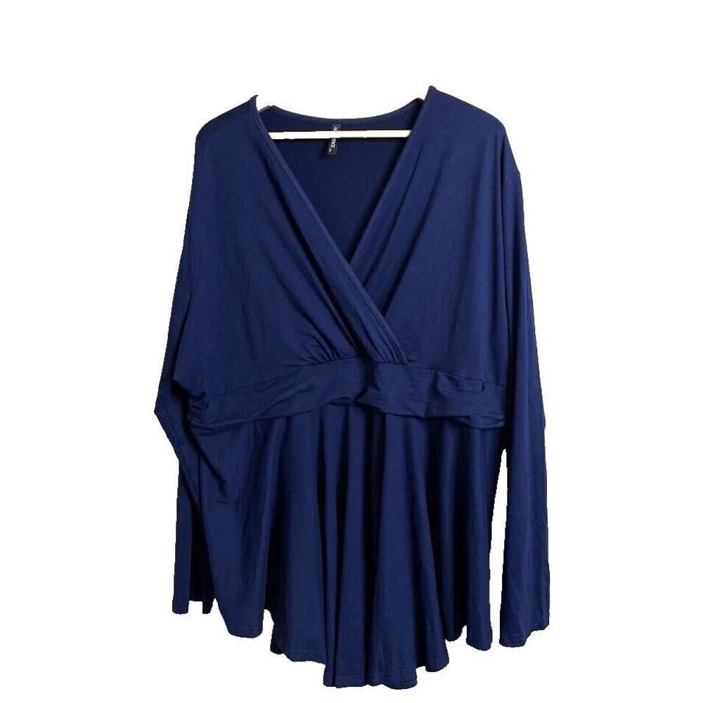 Allegrace Women’s Sz 4X Navy Blue Blouse Shirt Top V Neck Faux Wrap Long Sleeve